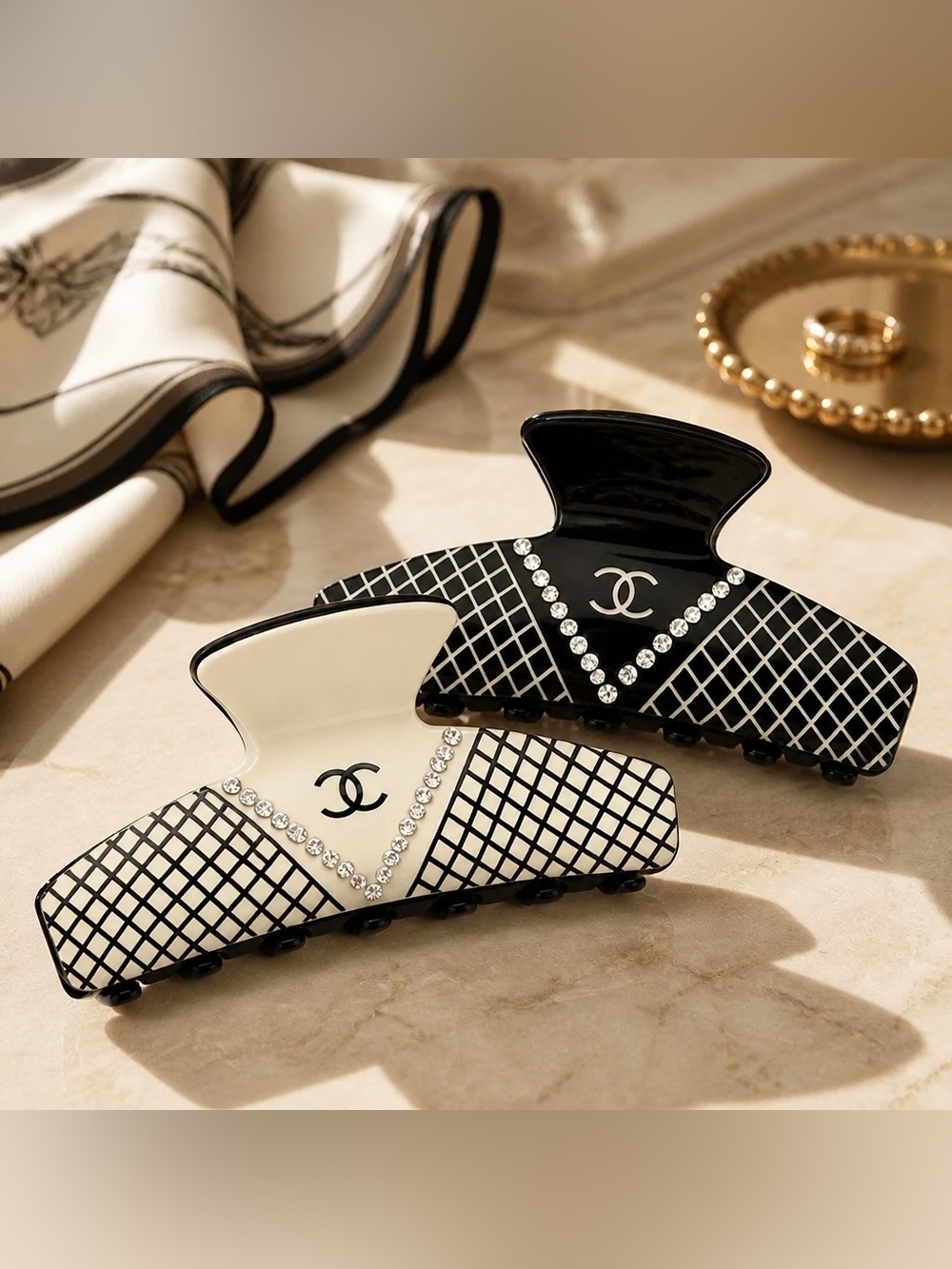 CHANEL Black & Cream Crystal CC Quilted Hair Claw Clip Set